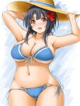  1girl akimoto_dai bikini black_hair blue_bikini breasts cleavage collarbone commentary_request cowboy_shot flower hat hibiscus highres kantai_collection large_breasts looking_at_viewer navel one-hour_drawing_challenge red_eyes short_hair side-tie_bikini solo straw_hat sun_hat swimsuit takao_(kancolle) wide_hips 