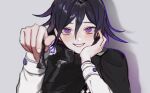  1boy bangs black_cape black_hair blurry blurry_foreground blush cape cheek_rest chess_piece commentary_request danganronpa_(series) danganronpa_v3:_killing_harmony grey_background grin hair_between_eyes hands_up highres holding long_sleeves looking_at_viewer male_focus ouma_kokichi purple_eyes shiny shiny_hair short_hair simple_background smile solo sudan_73_p upper_body 