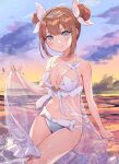  1girl absurdres bangs bare_arms bare_shoulders bikini blue_bikini blush breasts brown_hair cleavage closed_mouth collarbone commentary_request double_bun eyebrows_behind_hair glint grey_eyes hair_ribbon headpiece highres horizon lilith_(world_flipper) looking_at_viewer medium_breasts ocean outdoors ribbon see-through shibainu sidelocks smile solo sunset swimsuit water white_bikini white_ribbon world_flipper 