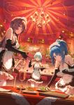  3: 3girls :i alcohol apron bangs bare_shoulders bottle breasts brown_hair chandelier cleavage detached_sleeves dress food frilled_dress frilled_skirt frills gloves green_hair highres indoors large_breasts looking_at_viewer maid maid_apron maid_headdress medium_hair multiple_girls original painting_(object) pinakes ponytail ribbon-trimmed_legwear ribbon_trim short_hair skirt table thighhighs zettai_ryouiki 