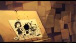  1girl 2boys alice_angel bendy bendy_and_the_ink_machine boris_the_wolf covered_face drawing drawing_board english_text food ink ink_stain koto_inari multiple_boys on_wall paper picnic_basket sandwich silhouette splashing 