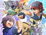  2boys aggron ash_ketchum bangs baseball_cap black_eyes black_hair buizel clenched_hand clenched_hands commentary_request drapion electivire eyebrows_visible_through_hair fingerless_gloves froslass gastrodon gastrodon_(east) gen_1_pokemon gen_3_pokemon gen_4_pokemon gliscor gloves hair_between_eyes hat infernape jacket james_(jms-pnt) male_focus multiple_boys ninjask open_mouth paul_(pokemon) pikachu pokemon pokemon_(anime) pokemon_(creature) pokemon_dppt_(anime) red_headwear short_hair short_sleeves spiked_hair staraptor teeth tongue torterra 