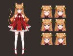  1girl :3 :d :o ^_^ absurdres angry animal_ear_fluff animal_ear_legwear animal_ears blush brown_hair cat_ears cat_tail chili_pepper_hair_ornament closed_eyes dress expressions frilled_dress frilled_sleeves frills frown full_body gradient_hair highres leg_garter live2d long_hair multicolored_hair open_mouth orange_hair original qingtang_mala sad smile standing tail thighhighs v-shaped_eyebrows white_legwear wide_sleeves zettai_ryouiki 