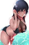  1girl absurdres amano_don bangs bare_shoulders bikini black_bikini black_hair blush breasts brown_eyes cleavage collarbone earrings highres jewelry large_breasts leaning_forward long_hair looking_at_viewer navel original solo swimsuit thighs wading water wet 