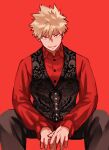 1boy bakugou_katsuki black_pants black_vest blonde_hair boku_no_hero_academia donnaoneone looking_at_viewer male_focus pants red_background red_eyes red_shirt shirt short_hair simple_background smile solo spiked_hair vest 