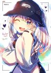  1girl ;3 bangs blue_eyes blush bucket_hat hat heart itsumizu japanese_clothes kariginu long_hair looking_at_viewer mononobe_no_futo name_tag one_eye_closed open_mouth pom_pom_(clothes) ponytail recording ribbon-trimmed_sleeves ribbon_trim silver_hair simple_background smile timestamp touhou 