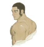  1boy bare_shoulders black_eyes chest_hair citatappu facial_hair golden_kamuy hairy looking_to_the_side male_focus muscular muscular_male short_hair sideburns simple_background solo stubble tanigaki_genjirou thick_eyebrows upper_body white_background 