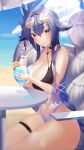  1girl absurdres animal_ears antenna_hair azur_lane bangs bare_shoulders beach beach_umbrella blue_sky breasts choker cleavage cloud cloudy_sky collarbone commentary_request cup drink drinking_glass drinking_straw earrings eyebrows_visible_through_hair fox_ears fox_girl fox_tail hair_between_eyes highres horizon jewelry kyuubi long_hair looking_at_viewer midriff multiple_tails navel ocean official_alternate_costume orange_eyes seele0907 sidelocks silver_hair sitting sky smile solo spaghetti_strap sunglasses table tail thick_thighs thighs tosa_(azur_lane) tosa_(hometown_zest)_(azur_lane) umbrella 