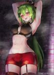  1girl abs ahegao armpits arms_up black_legwear bound breasts cleavage cleavage_cutout clothing_cutout covered_nipples cuffs dano garter_straps girls&#039;_frontline green_eyes handcuffs heart highres large_breasts legs_apart mk48_(girls&#039;_frontline) navel red_eyes restrained shackles short_shorts shorts skin_tight skindentation solo sweat thick_thighs thighhighs thighs tongue 