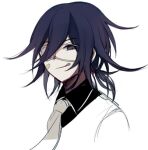  1boy :q bandaid bandaid_on_cheek bangs black_hair black_shirt closed_mouth collared_shirt commentary_request cropped_shoulders danganronpa_(series) danganronpa_v3:_killing_harmony eyepatch hair_between_eyes half-closed_eye licking_lips looking_at_viewer low_ponytail male_focus medium_hair necktie ouma_kokichi ponytail qiao_xing shirt simple_background sketch smile solo tongue tongue_out white_background 