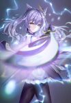  1girl absurdres bangs black_legwear braid chehg commentary_request double_bun electricity foreshortening genshin_impact gloves hair_cones hair_ornament highres holding holding_sword holding_weapon huge_filesize keqing_(genshin_impact) long_hair looking_at_viewer pantyhose pointing pointing_at_viewer purple_eyes purple_hair simple_background solo sword twintails weapon 