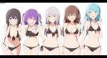  5girls :d ;d absurdres aqua_hair arms_behind_back bang_dream! bangs bare_legs bare_shoulders bikini black_bikini black_border black_hair blue_eyes blush border breasts brown_hair camisole cleavage closed_mouth cowboy_shot eyebrows_visible_through_hair fang finger_to_mouth flying_sweatdrops frilled_bikini frilled_camisole frills front-tie_bikini front-tie_top green_eyes grey_hair halter_top halterneck hand_on_hip hand_on_own_chest hand_on_own_stomach highres hikawa_sayo imai_lisa kai3700 large_breasts layered_bikini leaning_forward long_hair looking_at_viewer lowleg lowleg_bikini medium_breasts medium_hair minato_yukina multiple_girls navel one_eye_closed one_side_up open_mouth orange_eyes purple_eyes purple_hair roselia_(bang_dream!) shadow shirokane_rinko side-tie_bikini sidelocks simple_background skindentation small_breasts smile smug standing stomach sweat sweatdrop swept_bangs swimsuit thigh_gap thighs twitter_username two_side_up udagawa_ako v wavy_mouth white_background 