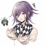  2boys ahoge bangs blush checkered checkered_neckwear checkered_scarf commentary_request cropped_torso cum cum_in_mouth cum_on_hands danganronpa_(series) danganronpa_v3:_killing_harmony eyebrows_visible_through_hair facial flying_sweatdrops full-face_blush hair_between_eyes hands_up jacket long_sleeves male_focus multiple_boys open_mouth ouma_kokichi pink_eyes purple_eyes purple_hair qiao_xing saihara_shuuichi scarf shiny shiny_hair short_hair simple_background squiggle straitjacket upper_body white_background white_jacket 