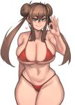  1girl :&gt; ahoge alternate_breast_size arm_behind_back bikini blue_eyes breasts brown_hair cleavage curvy double_bun heart highres huge_breasts kelvin_hiu long_hair micro_bikini mismatched_eyebrows navel no_hat no_headwear ok_sign pokemon pokemon_(game) pokemon_bw2 red_bikini reward_available rosa_(pokemon) skindentation solo spaghetti_strap standing swimsuit thick_eyebrows thick_thighs thighs twintails underboob undersized_clothes white_background 