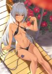  1girl bangs bare_arms bare_legs bare_shoulders beach_chair bikini black_bikini breasts collarbone commentary_request cup dark-skinned_female dark_skin drinking_glass enjo_kouhai feet_out_of_frame fingernails flower grey_hair groin highres holding holding_cup horns long_hair looking_at_viewer navel parted_lips reclining red_eyes sharp_fingernails side-tie_bikini sling_bikini_top small_breasts smile solo stomach swimsuit tail takunomi ursula_(takunomi) very_long_hair 