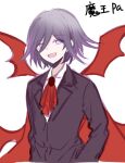  1boy :d alternate_costume ascot bangs black_jacket cape danganronpa_(series) danganronpa_v3:_killing_harmony formal grey_background hair_between_eyes jacket long_sleeves looking_at_viewer male_focus open_mouth ouma_kokichi purple_eyes purple_hair qiao_xing red_cape red_wings shirt short_hair simple_background smile solo translation_request upper_body white_background white_shirt wings 