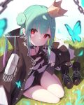  1girl bangs blush bug butterfly chain crown daiacgdesign double_bun eyebrows_visible_through_hair green_hair hair_ornament highres hololive insect looking_at_viewer necromancer official_alternate_costume red_eyes solo uruha_rushia virtual_youtuber 