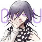  1boy :o bangs checkered checkered_neckwear checkered_scarf commentary_request danganronpa_(series) danganronpa_v3:_killing_harmony eyebrows_visible_through_hair hair_between_eyes hands_up jacket long_sleeves looking_at_viewer male_focus ok_sign open_mouth ouma_kokichi purple_eyes purple_hair qiao_xing scarf simple_background sketch solo upper_body white_background white_jacket 