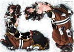  1girl animal_ears blue_eyes blush breasts brown_hair centaur dakimakura_(medium) fingerless_gloves flower gloves hair_flower hair_ornament hands_up highres horse_ears karen_(z-ton) long_hair looking_at_viewer lying medium_breasts monster_girl multiple_views navel nipples on_back on_side open_mouth original ponytail red_flower saddle stitched taur z-ton 