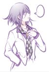  1boy :d bangs black_neckwear checkered checkered_neckwear collarbone commentary_request danganronpa_(series) danganronpa_10th_anniversary_costume danganronpa_v3:_killing_harmony hand_in_pocket jacket long_sleeves male_focus necktie open_mouth ouma_kokichi pointy_nose profile purple_shirt qiao_xing shirt simple_background smile solo speech_bubble upper_body white_background white_jacket white_neckwear wing_collar 