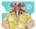  1boy bara beard blue_sky brown_hair cloud day draph facial_hair granblue_fantasy hands_on_hips hawaiian_shirt headband horns large_pectorals long_hair male_cleavage male_focus multicolored_hair muscular muscular_male old old_man outdoors pectorals pointy_ears redluck sanwari_(aruji_yume) shirt sky smile solo sunglasses two-tone_hair upper_body white_hair yellow-framed_eyewear yellow_shirt 