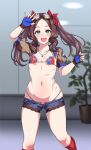  1girl bangs bikini bikini_top blue_eyes blue_shorts blush breasts brown_gloves brown_hair collarbone fate/grand_order fate_(series) fingerless_gloves forehead gloves goggles hair_ribbon jewelry leonardo_da_vinci_(fate) leonardo_da_vinci_(rider)_(fate) long_hair looking_at_viewer micro_bikini muta_poo necklace open_mouth parted_bangs puffy_short_sleeves puffy_sleeves red_bikini red_ribbon ribbon short_shorts short_sleeves shorts shrug_(clothing) sidelocks small_breasts smile solo swimsuit thighs twintails 