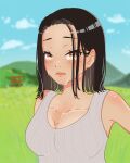  1girl absurdres architecture black_hair blue_sky blush breasts cleavage collarbone east_asian_architecture grass grassy grey_tank_top highres hill hotaruikaumaine looking_at_viewer original outdoors plain shiny shiny_hair sky sleeveless solo summer sweat tank_top torii yellow_eyes 