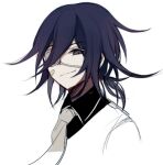  1boy bandaid bandaid_on_cheek bangs black_hair black_shirt closed_mouth collared_shirt commentary_request cropped_shoulders danganronpa_(series) danganronpa_v3:_killing_harmony eyepatch hair_between_eyes half-closed_eye looking_at_viewer low_ponytail male_focus medium_hair necktie ouma_kokichi ponytail qiao_xing shirt simple_background sketch smile solo white_background 