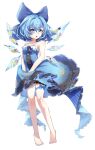  1girl alternate_costume ametama_(runarunaruta5656) bangs barefoot blue_bow blue_dress blue_eyes bow center_frills cirno dress eyebrows_visible_through_hair food frilled_dress frills fruit full_body hair_bow highres ice ice_wings lemon lime_(fruit) looking_at_viewer open_mouth orange_(food) short_hair simple_background sleeveless sleeveless_dress snowflake_print solo standing strawberry symbol-only_commentary touhou white_background wings 