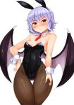  1girl alternate_costume animal_ears bangs bare_shoulders bat_wings black_leotard blush breasts cleavage closed_mouth covered_navel cowboy_shot detached_collar eyebrows_visible_through_hair fake_animal_ears highres leotard looking_at_viewer pantyhose playboy_bunny pointy_ears purple_hair red_eyes remilia_scarlet simple_background small_breasts solo standing sweatdrop thigh_gap tokoya_(ex-hetare) touhou v-shaped_eyebrows white_background wide_hips wings wrist_cuffs 