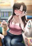  1girl alcohol beer beer_can blush breasts brown_hair buttons can cleavage closed_eyes denim drunk eyebrows_visible_through_hair full_body hikaru_(gevp7588) holding holding_can jeans jewelry kneeling large_breasts long_hair midriff nail_polish navel necklace open_mouth original pants pink_shirt shirt smile solo 