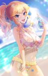  1girl :d bangs bare_arms bare_shoulders beach bikini blonde_hair blue_eyes blue_nails blurry blurry_background blush breasts cleavage commentary_request day eyebrows_visible_through_hair floral_print fujima_(k114) hair_ornament hand_up highres holding idolmaster idolmaster_cinderella_girls jewelry large_breasts long_hair looking_at_viewer multicolored multicolored_bikini multicolored_clothes nail_polish navel ocean ohtsuki_yui open_mouth ponytail ring side-tie_bikini sidelocks smile solo star_(symbol) star_hair_ornament stomach swimsuit upper_teeth 