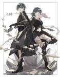  1boy 1girl bandaged_arm bandages black_footwear black_gloves boots breasts byleth_(fire_emblem) byleth_(fire_emblem)_(female) byleth_(fire_emblem)_(male) fire_emblem fire_emblem:_three_houses gloves green_eyes green_hair highres holding holding_sword holding_weapon looking_at_viewer medium_breasts medium_hair nanao_parakeet navel sword sword_of_the_creator weapon whip_sword 