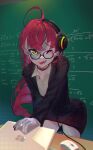  1girl absurdres ahoge computer english_commentary eyebrows_visible_through_hair glasses highres hololive hololive_indonesia kureiji_ollie laptop long_hair lower_teeth math mole mole_under_eye mouse_(computer) old_metal_666 one_eye_closed red_hair solo tongue tongue_out virtual_youtuber yellow_eyes 