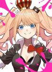  1girl absurdres bangs bear_hair_ornament black_bra black_shirt blonde_hair blood blue_eyes bow bra breasts cleavage closed_mouth collarbone commentary_request crown danganronpa:_trigger_happy_havoc danganronpa_(series) enoshima_junko hair_ornament highres huge_filesize long_hair looking_at_viewer medium_breasts necktie pink_blood red_bow shiny shiny_hair shirt short_sleeves smile solo twintails underwear upper_body white_neckwear ziu 