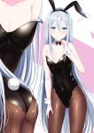  1girl animal_ears ass bangs bare_shoulders black_hairband black_leotard blue_eyes blush breasts brown_legwear cleavage closed_mouth commentary_request covered_navel fishnet_legwear fishnets groin hair_between_eyes hairband hand_up highres leotard long_hair looking_at_viewer morerin multiple_views pantyhose parted_bangs playboy_bunny project_sekai rabbit_ears rabbit_tail silver_hair small_breasts strapless strapless_leotard tail very_long_hair wrist_cuffs yoisaki_kanade 