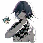  2boys ahoge bangs black_hair blush checkered checkered_neckwear checkered_scarf commentary_request cream cream_on_face cropped_torso danganronpa_(series) danganronpa_v3:_killing_harmony disembodied_limb flying_sweatdrops food food_on_face hair_between_eyes licking_lips long_sleeves looking_at_viewer male_focus multiple_boys ouma_kokichi pink_eyes purple_hair qiao_xing saihara_shuuichi scarf shiny shiny_hair simple_background solo_focus tongue tongue_out upper_body white_background 
