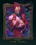  1boy animal dorohedoro en_(dorohedoro) holding holding_animal kikurage_(dorohedoro) long_sleeves looking_at_viewer mask mushroom necktie red_hair red_suit smoke spiked_hair standing zoo_(oukakumaku) 