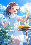  1girl :d ass bangs blue_sky blush brown_hair closed_eyes cloud cloudy_sky commentary_request condensation_trail cup day dress drinking_glass fence food fruit holding holding_cup kurihara_sakura lemon lemon_slice long_hair looking_at_viewer looking_back open_mouth original outdoors short_sleeves sky smile solo table thigh_gap white_dress 