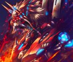  closed_mouth digimon digimon_(creature) fire from_side glowing glowing_armor highres looking_ahead male_focus mecha megalogrowmon night platinum_blonde_hair red_eyes smoke solo sparkle spikes tosaka_rai upper_body 