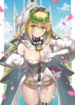  1girl absurdres ahoge belt blonde_hair breasts bridal_veil detached_sleeves fate/grand_order fate_(series) full-length_zipper green_eyes hair_intakes head_wreath highres large_breasts leotard lock nero_claudius_(bride)_(fate) nero_claudius_(fate)_(all) padlock padlocked_collar puffy_detached_sleeves puffy_sleeves showgirl_skirt sidelocks uha veil white_belt white_leotard white_sleeves white_veil zipper 