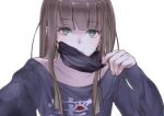  1boy artist_request bangs bare_shoulders black_shirt brown_hair closed_mouth crossdressing green_eyes gretel_(sinoalice) hair_between_eyes highres holding long_hair looking_at_viewer male_focus mask mouth_mask otoko_no_ko reality_arc_(sinoalice) shirt simple_background sinoalice solo white_background 