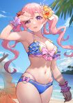  1girl arm_up bangs beach bikini blue_swimsuit blush bow breasts cleavage collarbone commentary_request cowboy_shot day flower hair_bow hair_flower hair_ornament heart highres large_breasts long_hair looking_at_viewer navel ocean open_mouth orange_flower outdoors pink_bow pink_hair princess_connect! purple_eyes skindentation solo striped striped_bow swimsuit takeashiro tsumugi_(princess_connect!) twintails water wet wet_hair white_bow wrist_cuffs 