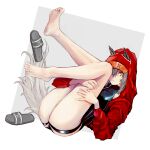  1girl animal_ears arknights bangs bare_legs barefoot black_swimsuit closed_mouth ears_through_headwear feet footwear_removed grey_background grey_hair hat highres hood hood_up hugging_own_legs jacket legs legs_up long_sleeves looking_at_viewer official_alternate_costume projekt_red_(arknights) projekt_red_(light_breeze)_(arknights) red_hood red_jacket rhinth sandals short_hair soles solo swimsuit tail toes two-tone_background white_background wolf_ears wolf_girl wolf_tail yellow_eyes 