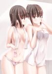  2girls after_bathing bangs blush bottle breasts brown_eyes brown_hair commentary_request covered_navel eyebrows_visible_through_hair grey_panties hand_on_another&#039;s_head highres kamakama_(kdmorh_kamakama) large_breasts long_hair milk_bottle multiple_girls naked_towel navel original panties standing strawberry_milk towel towel_around_neck underwear yuri 