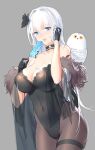  1girl adjusting_hair azur_lane bare_shoulders beak bird black_flower black_gloves black_legwear black_leotard blue_eyes breasts choker cleavage collar covered_nipples dripping flower food fur-trimmed_sleeves fur_trim gloves hair_flower hair_ornament highres illustrious_(azur_lane) jewelry large_breasts legs_together leotard licking looking_at_viewer melting necklace owl pantyhose popsicle see-through see-through_sleeves sucking swd3e2 thigh_gap thigh_strap tongue tongue_out wet white_hair yellow_eyes 