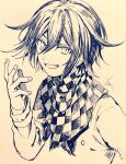  1boy bangs buttons checkered checkered_neckwear checkered_scarf commentary_request cropped_torso danganronpa_(series) danganronpa_v3:_killing_harmony flipped_hair grin hair_between_eyes hand_up hatching_(texture) highres huyuharu0214 jacket long_sleeves looking_at_viewer monochrome ouma_kokichi scarf signature simple_background smile solo traditional_media upper_body 