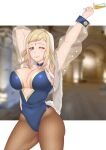  1girl absurdres alternate_costume animal_ears arms_up blonde_hair breasts choker cleavage closed_mouth commentary cryptid_crab cup detached_sleeves drinking_glass fake_animal_ears fingernails fire_emblem fire_emblem_heroes fishnets green_eyes henriette_(fire_emblem) highres holding holding_cup large_breasts leotard lips looking_at_viewer one_eye_closed pantyhose pink_lips playboy_bunny rabbit_ears rabbit_tail see-through see-through_sleeves sidelocks smile tail thighs wrist_cuffs 