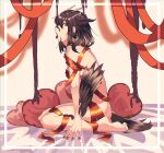  1girl arknights arm_support bangs barefoot bird_tail blurry blurry_background brown_eyes brown_hair chocolate chocolate_on_face commentary_request dripping earrings feather_hair feathers food food_on_face from_side heart highres jewelry kawaii_inu5 looking_at_viewer medium_hair naked_ribbon nude open_mouth orange_ribbon profile ribbon seiza sideways_glance silence_(arknights) sitting solo tail 