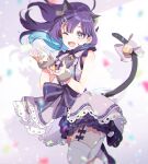  1girl animal_ears bell blurry blurry_background cat_ears cat_tail commentary_request dress fang hair_ornament hechima_(issindotai) highres indie_virtual_youtuber kohigashi_hitona leg_up looking_at_viewer multicolored_hair one_eye_closed open_mouth purple_eyes purple_hair tail thighhighs virtual_youtuber white_legwear 